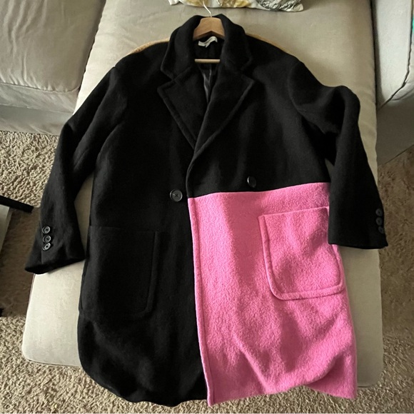 PETER SOM Coat size2 Colorblock Wool-Blend Midi Button Lined Black Pink Tan l-xl - Picture 11 of 13